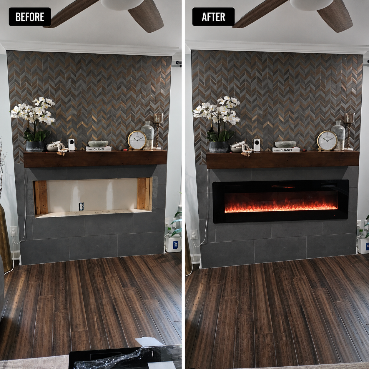 Before and after electric fireplace insert installation in Marietta, GA
